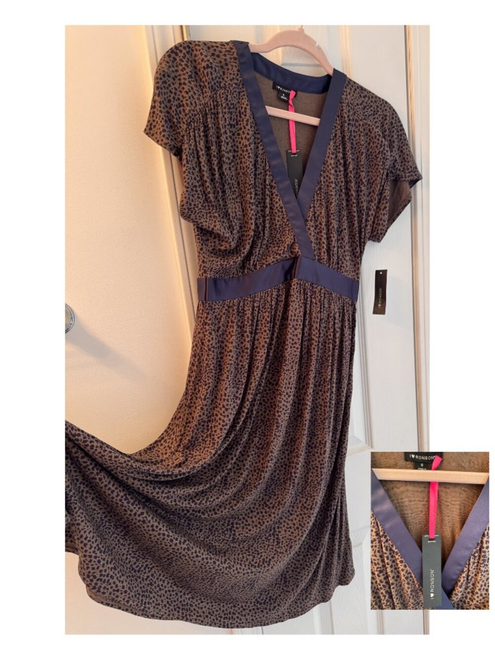 I ❤️ Ronson Leopard Print Midi Dress Size S Brown Navy Trim Fit & Flare NWT